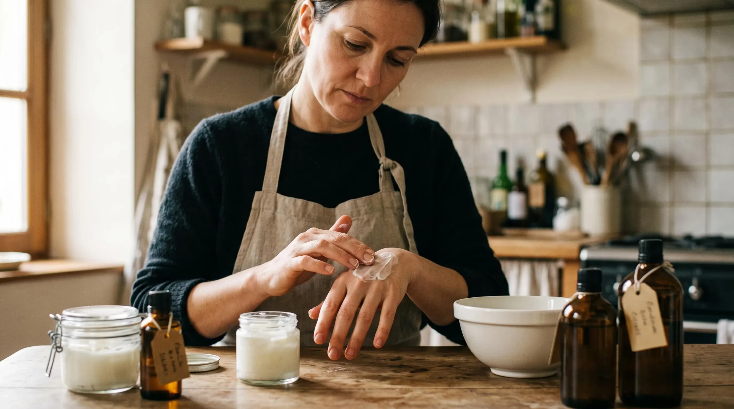 Une femme teste la texture d'un baume cosmétique fait maison en l'appliquant sur le dos de sa main.