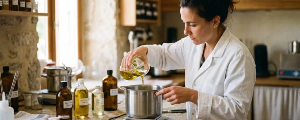 Une formulateuse verse de l'huile d'olive dans un récipient inox lors de la préparation d'un soin cosmétique naturel dans un atelier.