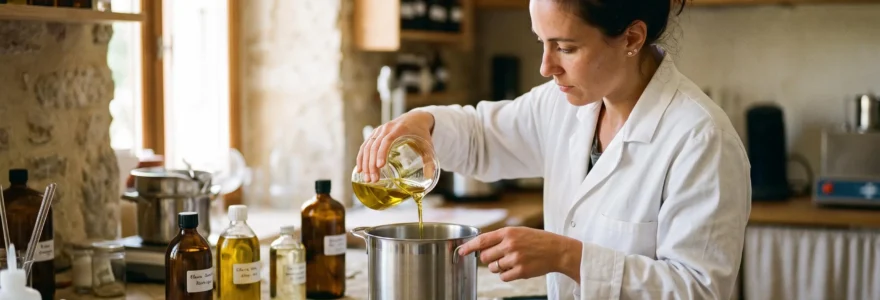 Une formulateuse verse de l'huile d'olive dans un récipient inox lors de la préparation d'un soin cosmétique naturel dans un atelier.