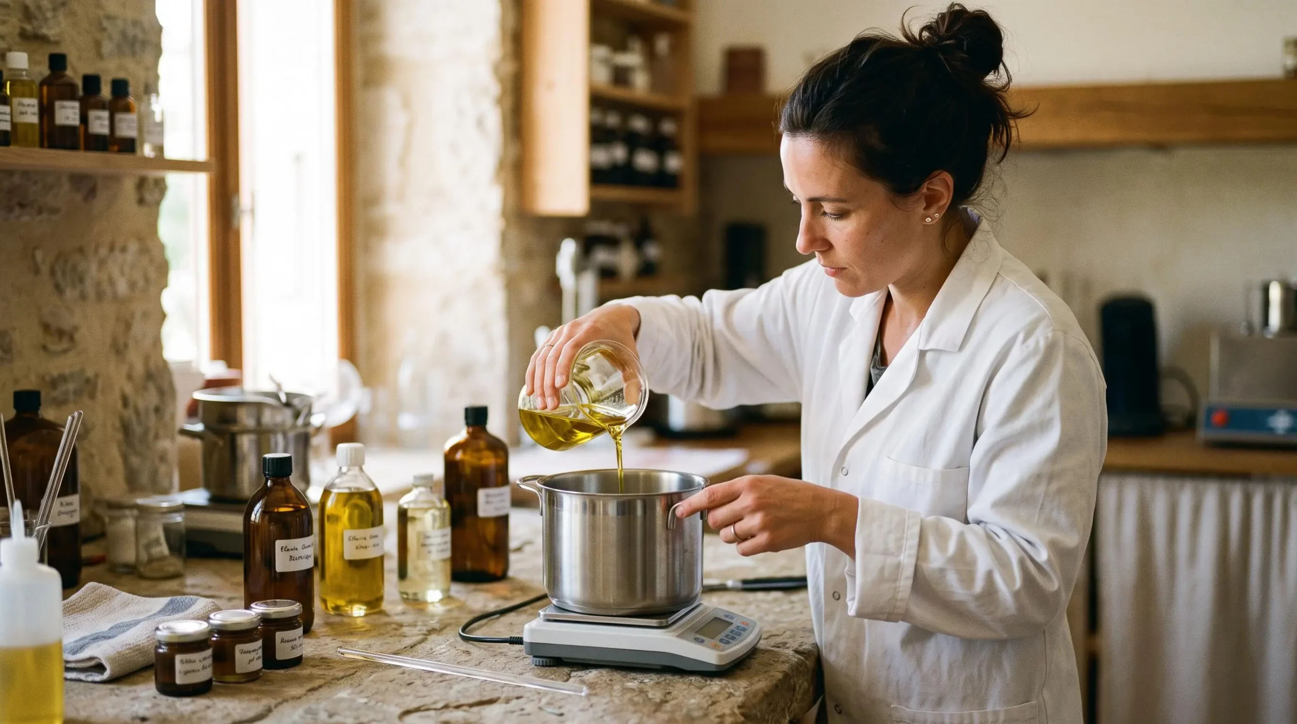 Une formulateuse verse de l'huile d'olive dans un récipient inox lors de la préparation d'un soin cosmétique naturel dans un atelier.