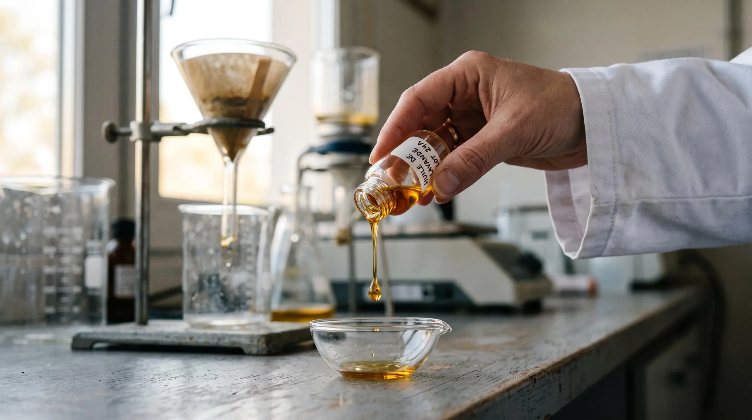 Une goutte d'huile végétale dorée s'écoule d'un flacon en verre au-dessus d'une coupelle de laboratoire.