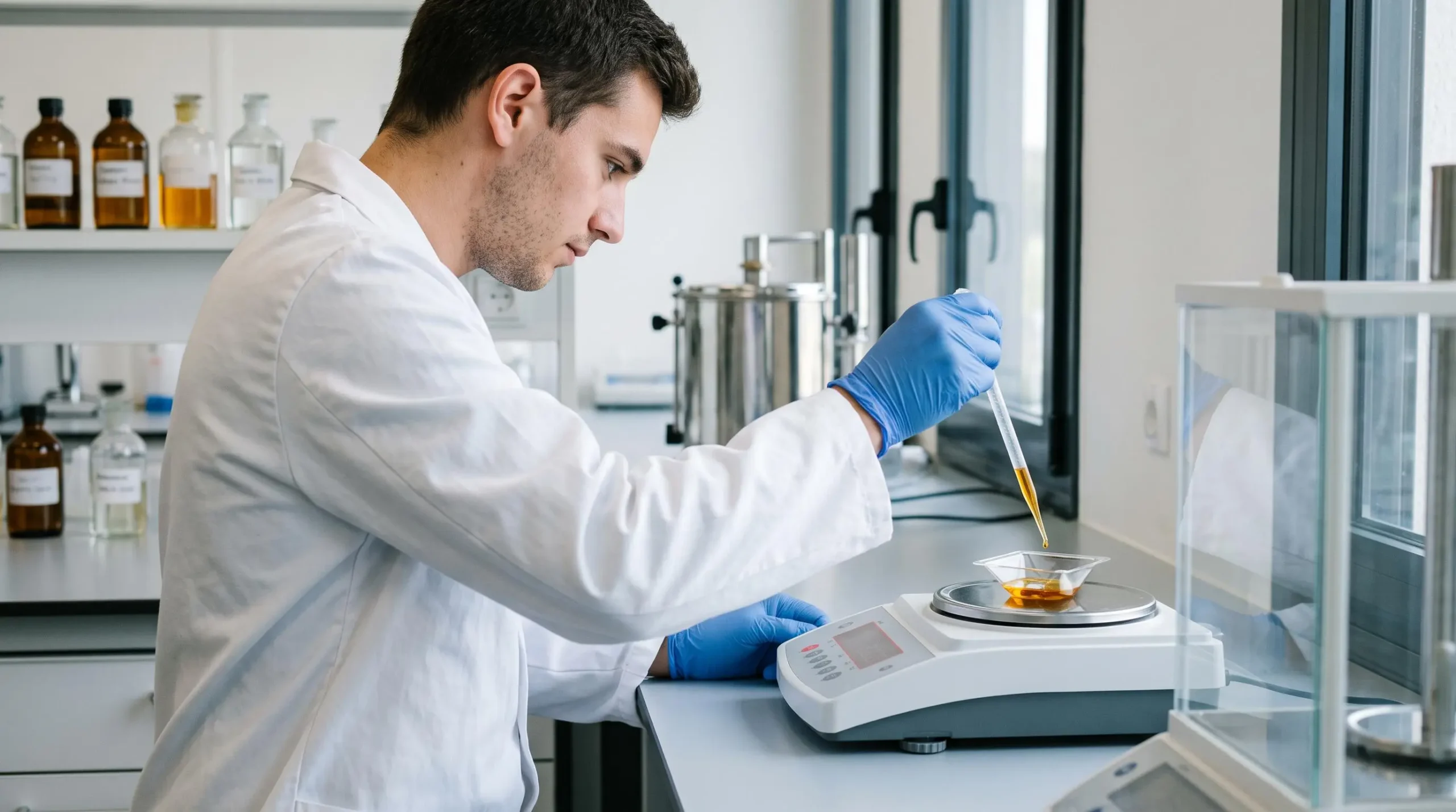 Un technicien pèse un émollient huileux à l'aide d'une pipette sur une balance de précision en laboratoire.